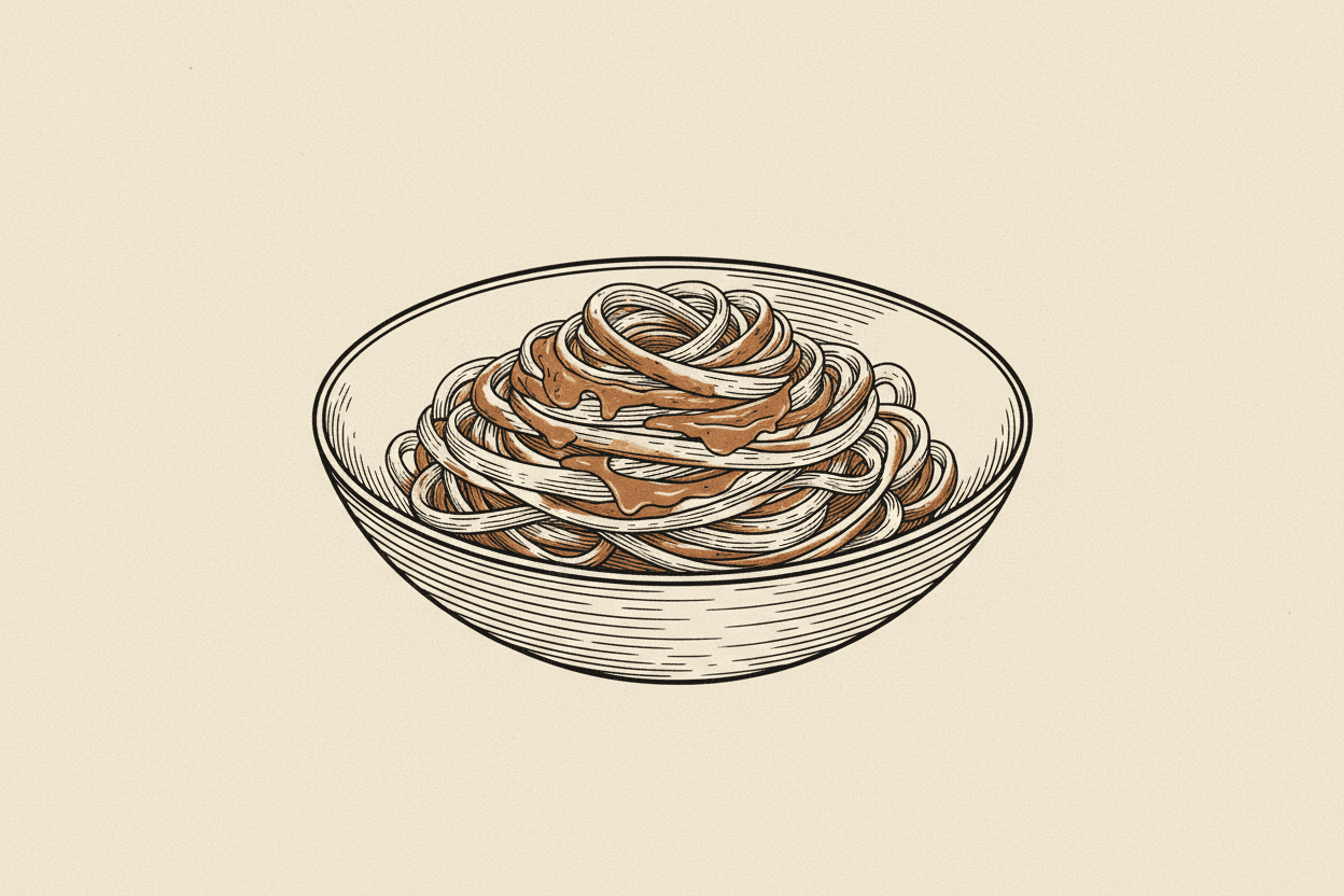 Illustration of a bowl of fettuccine pasta with a creamy sauce