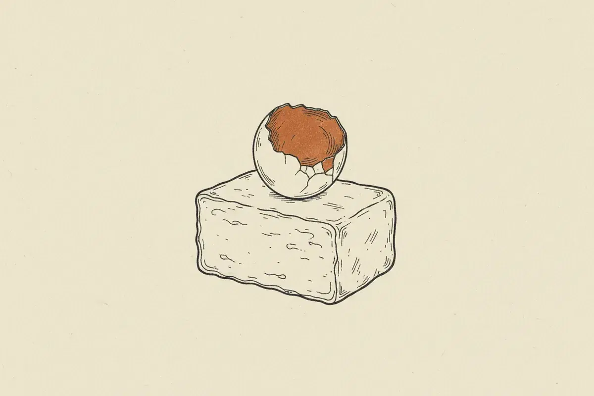 Illustration of a block of goat cheese with a cracked eggshell on top