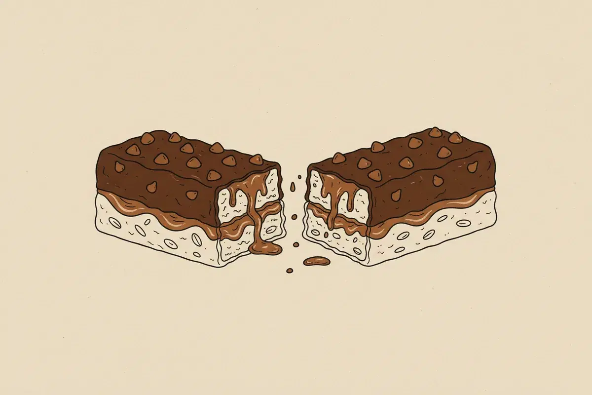Illustration of a protein bar broken in half with visible layers of chocolate and dough