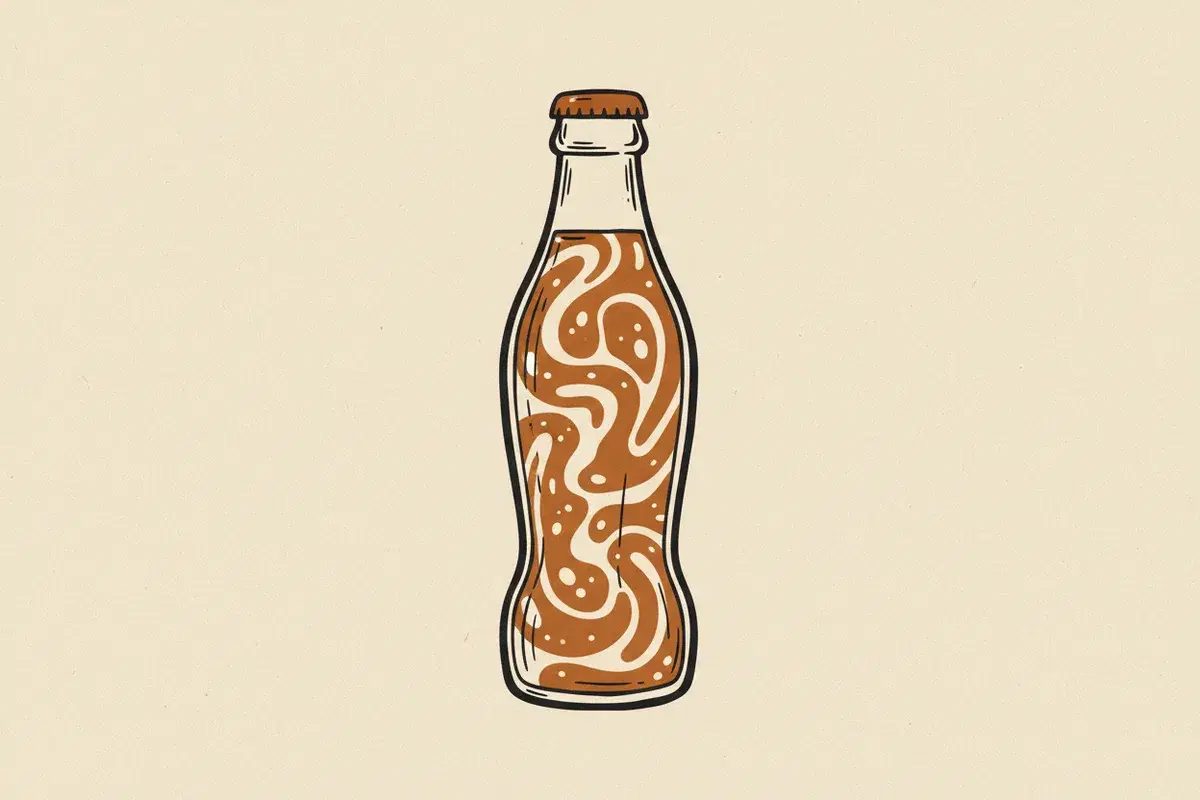 Illustration of an orange soda bottle with swirling red and yellow liquid
