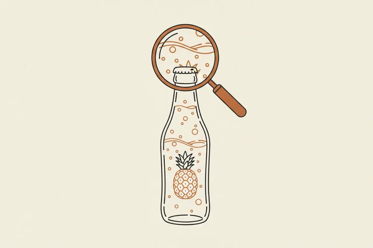 Illustration of a glass bottle of pineapple soda with a magnifying glass hovering over it