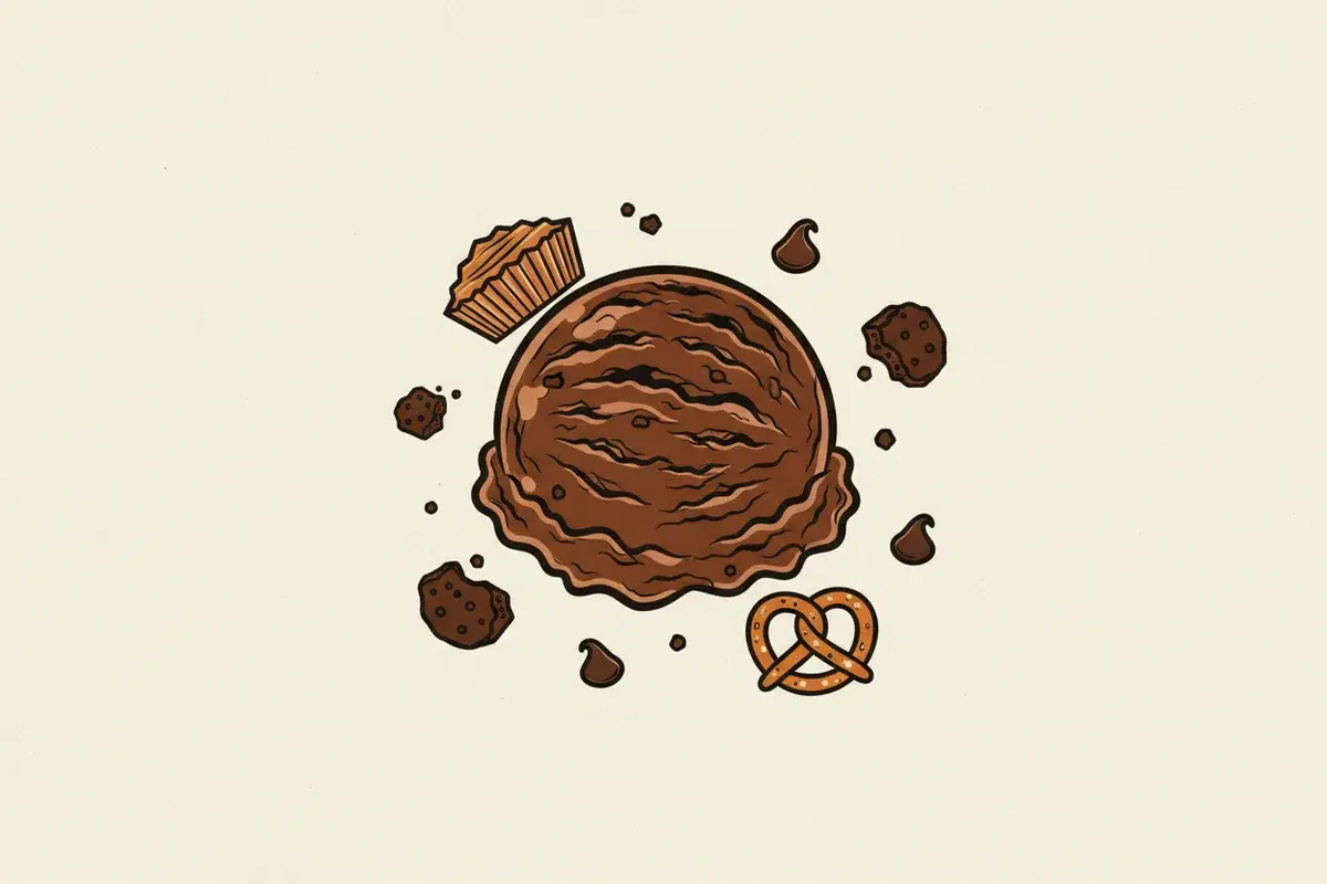 Illustration of A scoop of chocolate ice cream with five scattered ingredients