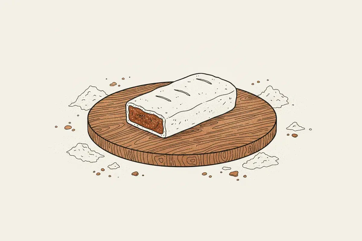 Illustration of a fig bar on a cutting board with scattered whole wheat flour