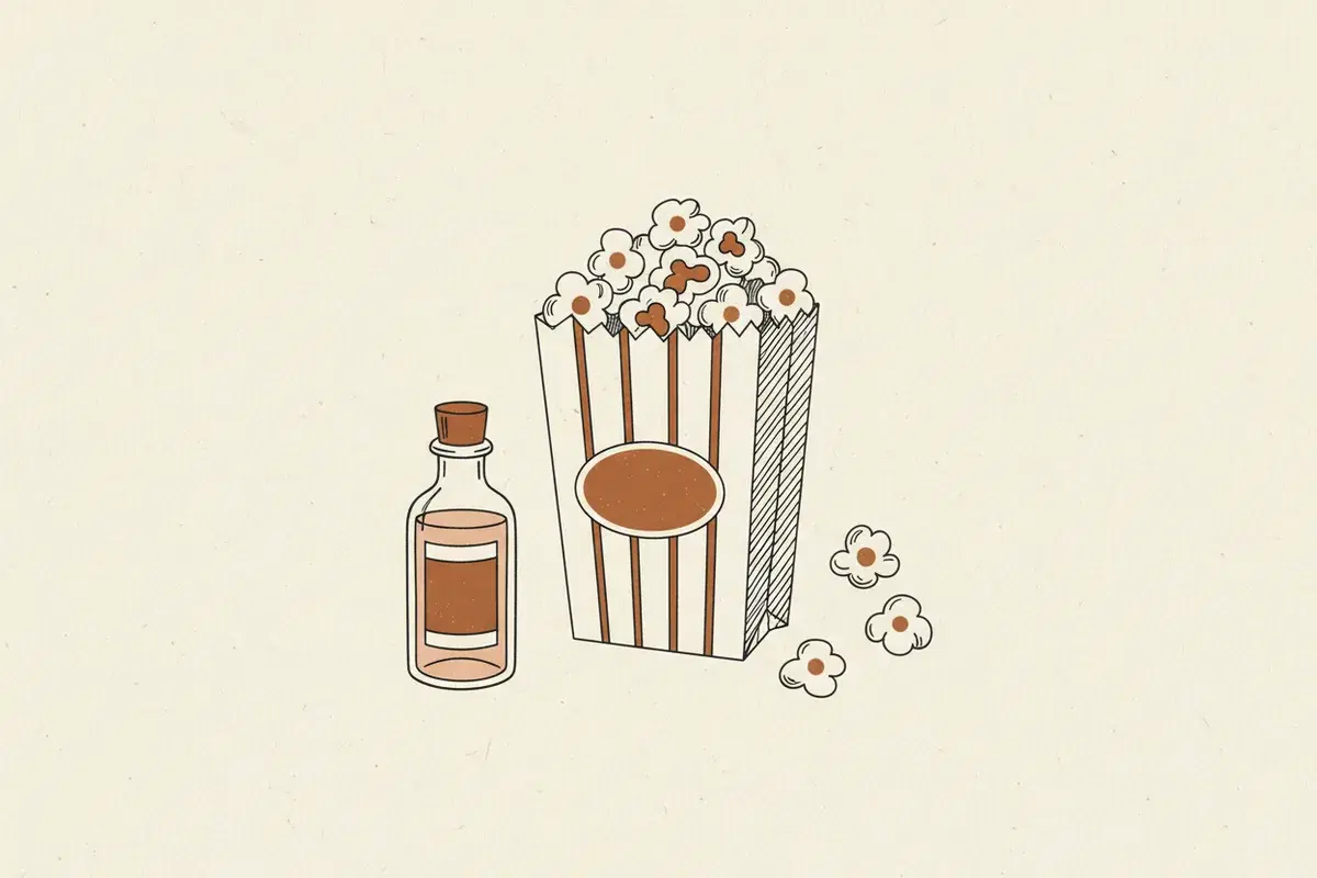 Illustration of a bag of popcorn with three scattered kernels and a small oil bottle