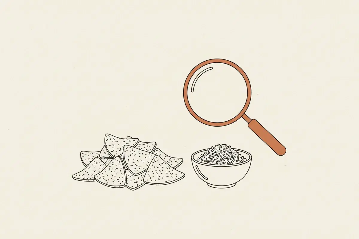 Illustration of a pile of pita chips with a magnifying glass over a small bowl of parmesan cheese