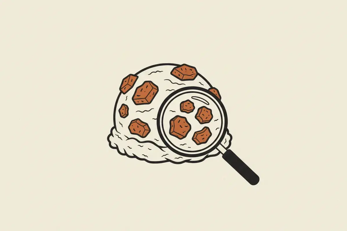 Illustration of a scoop of cookie dough ice cream with cookie dough chunks and a magnifying glass