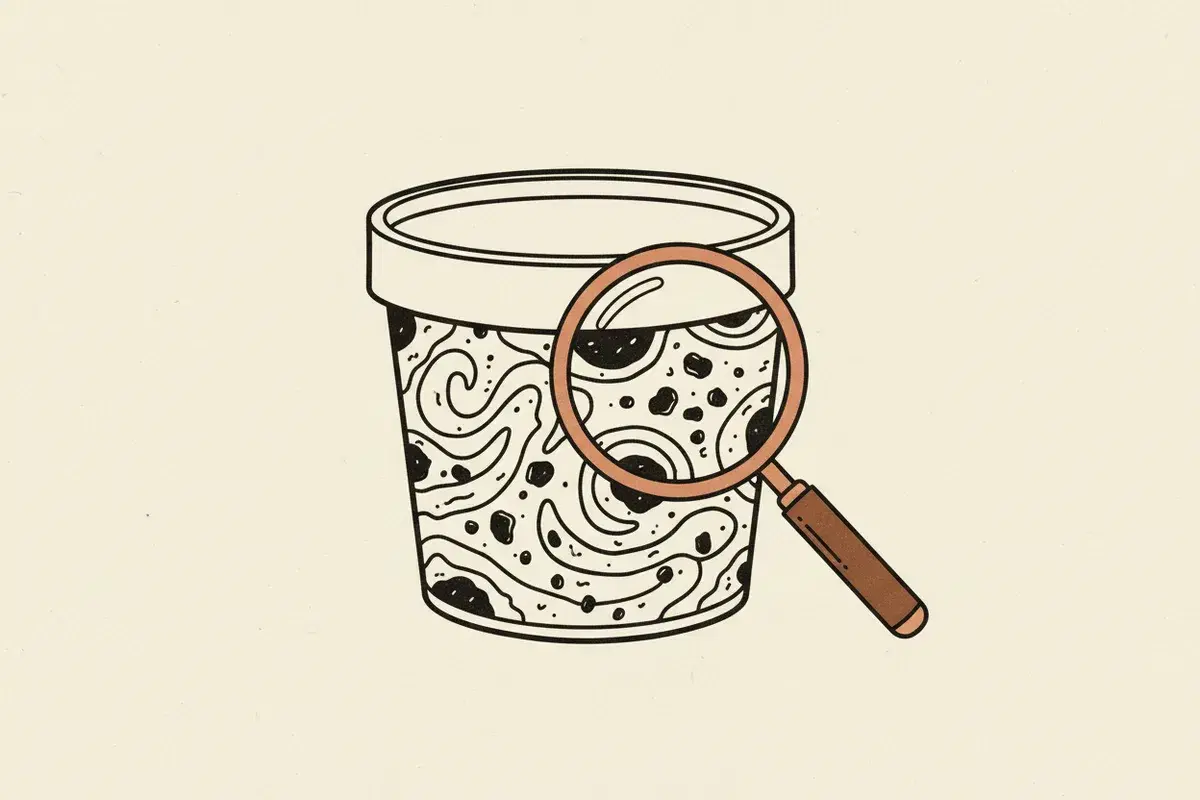 Illustration of a cookie and cream ice cream carton with a magnifying glass